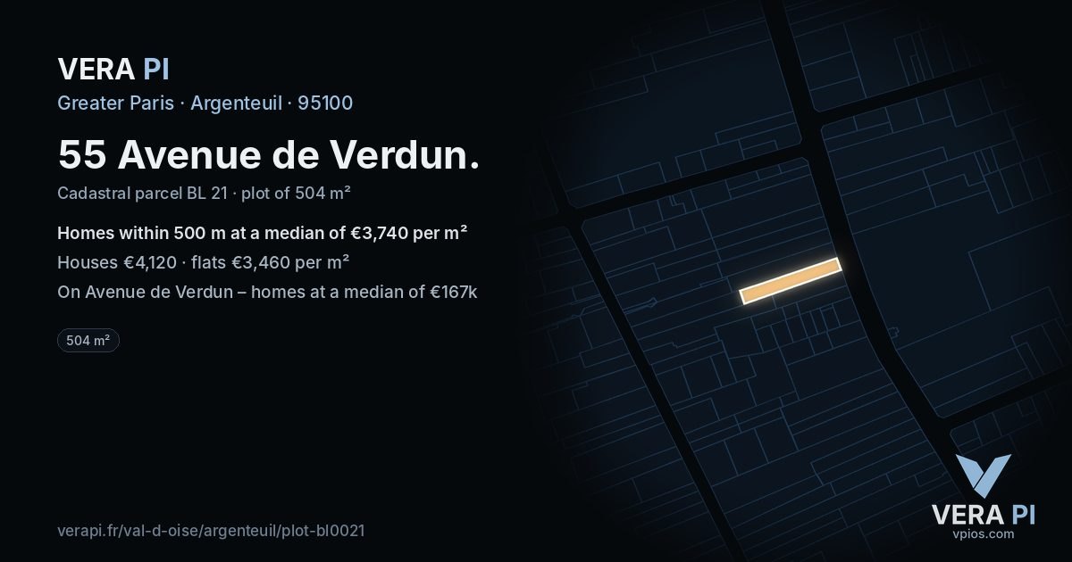 55 Avenue de Verdun, Argenteuil at night – the plot lit, the parcels around coloured by the prices near them