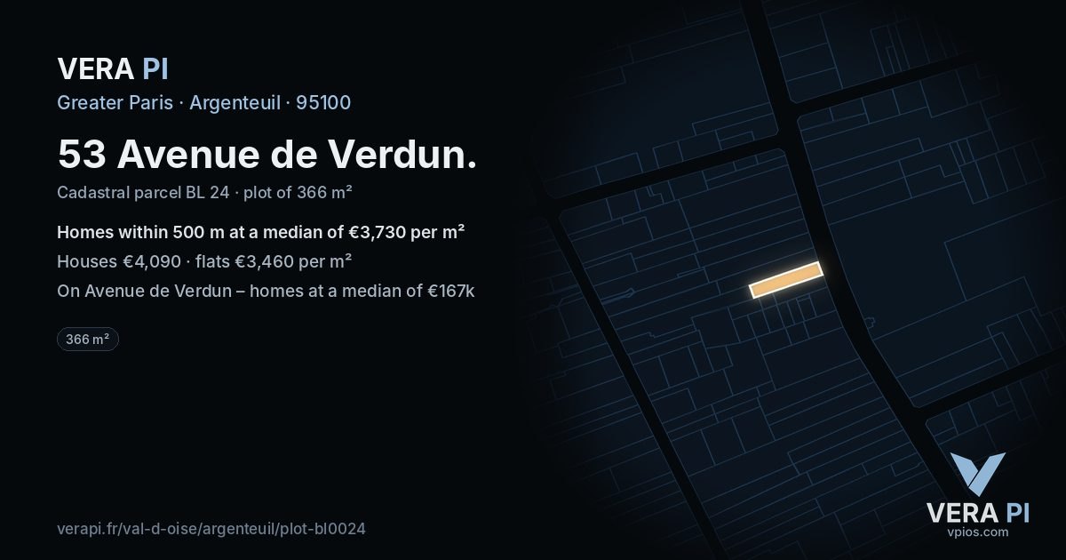 53 Avenue de Verdun, Argenteuil at night – the plot lit, the parcels around coloured by the prices near them