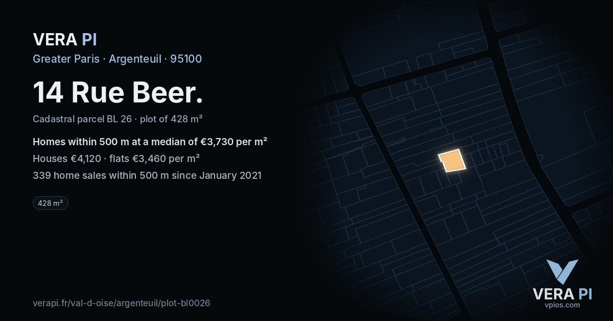14 Rue Beer, Argenteuil at night – the plot lit, the parcels around coloured by the prices near them