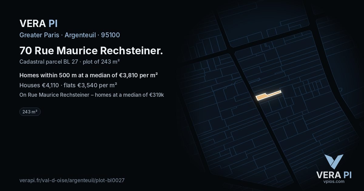 70 Rue Maurice Rechsteiner, Argenteuil at night – the plot lit, the parcels around coloured by the prices near them