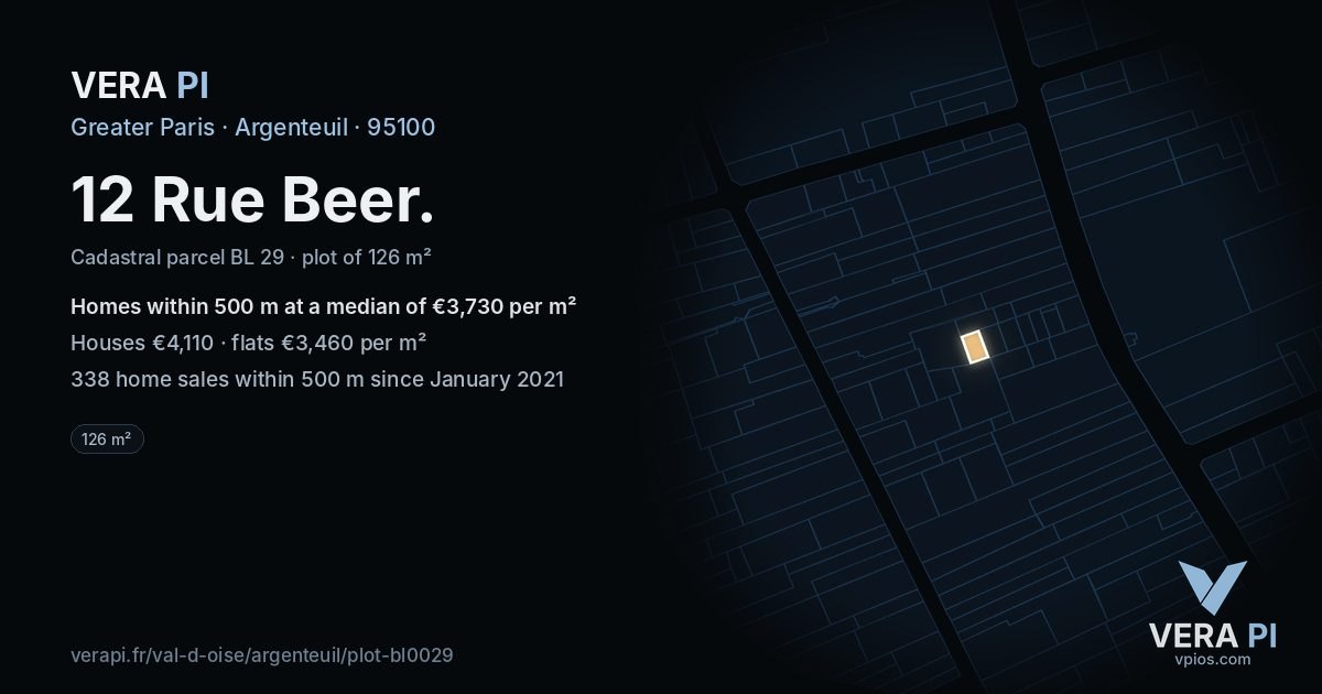 12 Rue Beer, Argenteuil at night – the plot lit, the parcels around coloured by the prices near them