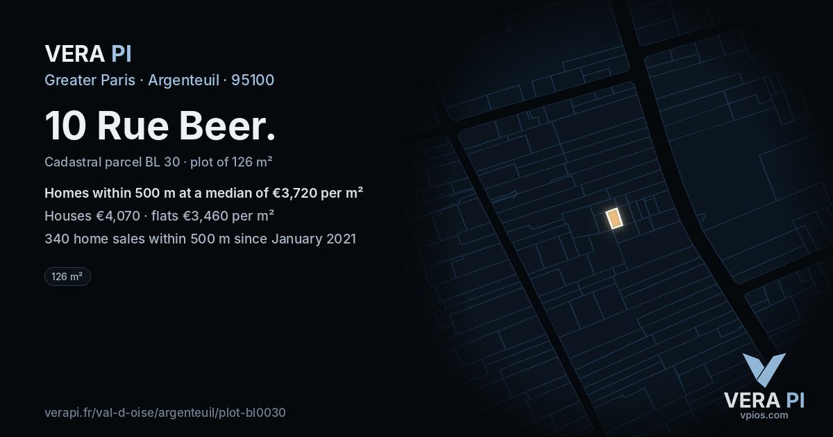10 Rue Beer, Argenteuil at night – the plot lit, the parcels around coloured by the prices near them