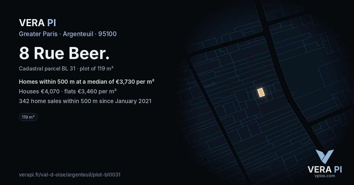 8 Rue Beer, Argenteuil at night – the plot lit, the parcels around coloured by the prices near them