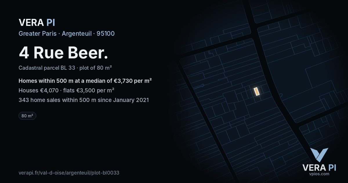 4 Rue Beer, Argenteuil at night – the plot lit, the parcels around coloured by the prices near them