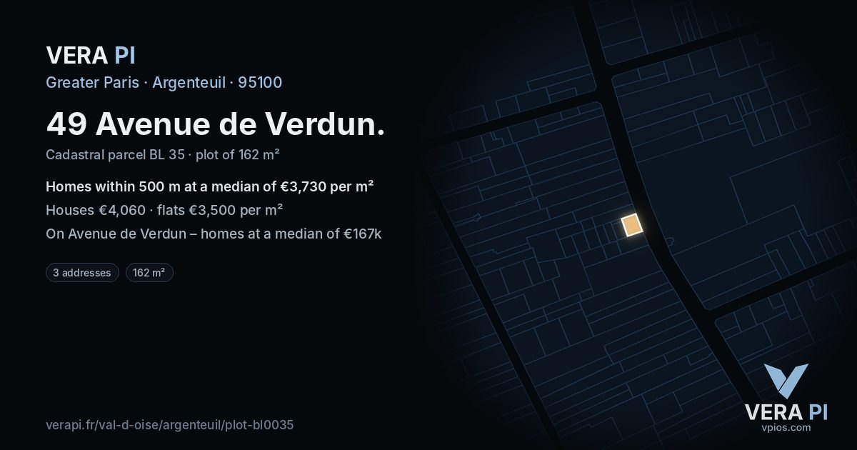 49 Avenue de Verdun, Argenteuil at night – the plot lit, the parcels around coloured by the prices near them