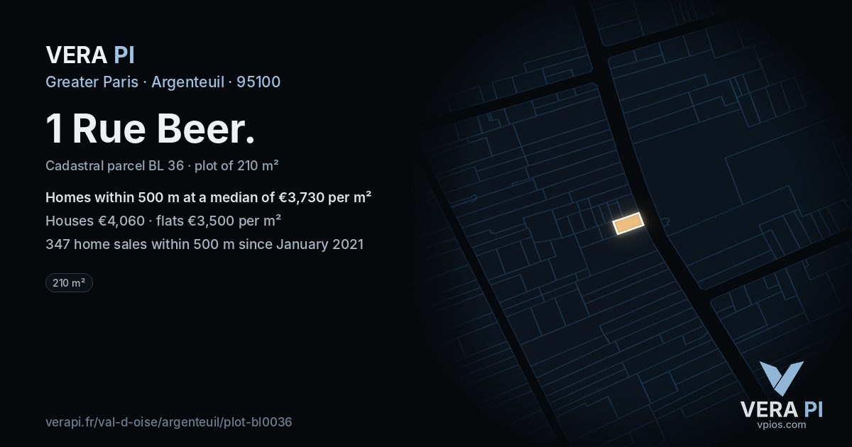 1 Rue Beer, Argenteuil at night – the plot lit, the parcels around coloured by the prices near them