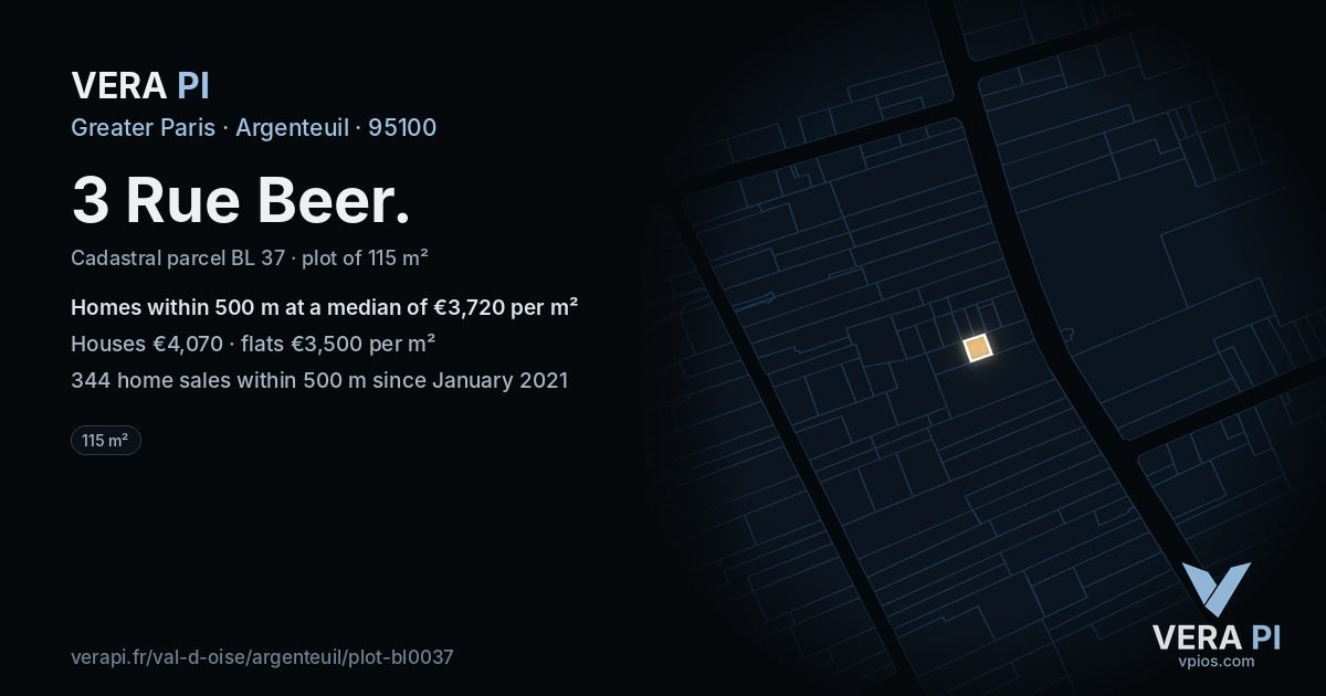 3 Rue Beer, Argenteuil at night – the plot lit, the parcels around coloured by the prices near them