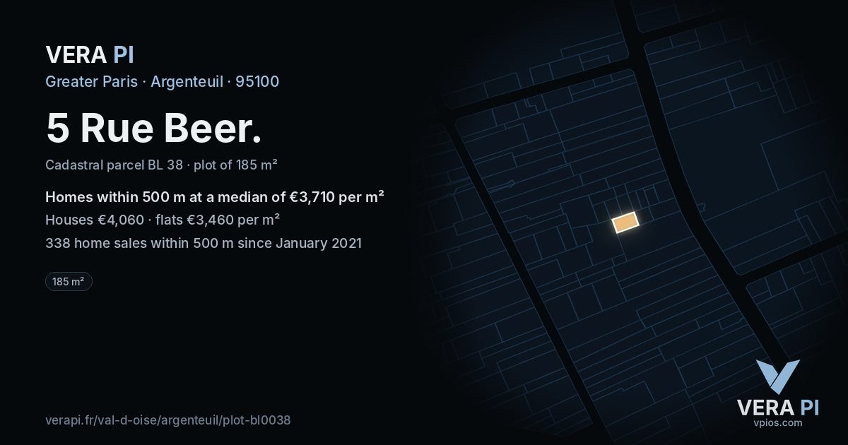 5 Rue Beer, Argenteuil at night – the plot lit, the parcels around coloured by the prices near them
