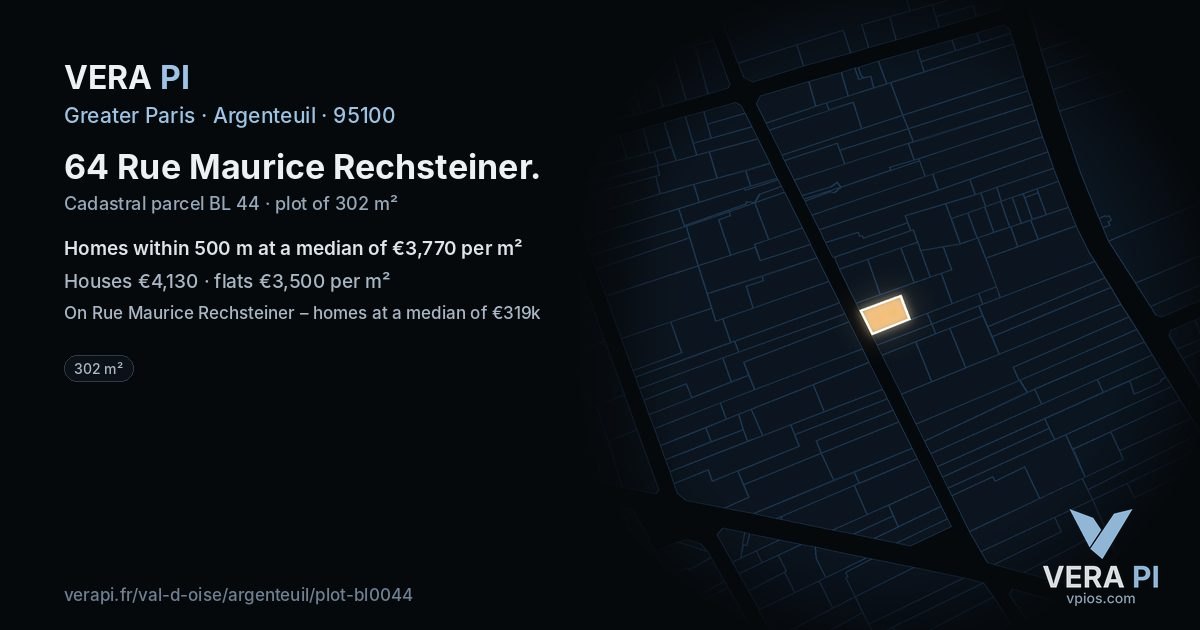 64 Rue Maurice Rechsteiner, Argenteuil at night – the plot lit, the parcels around coloured by the prices near them