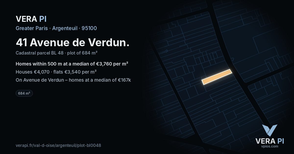 41 Avenue de Verdun, Argenteuil at night – the plot lit, the parcels around coloured by the prices near them