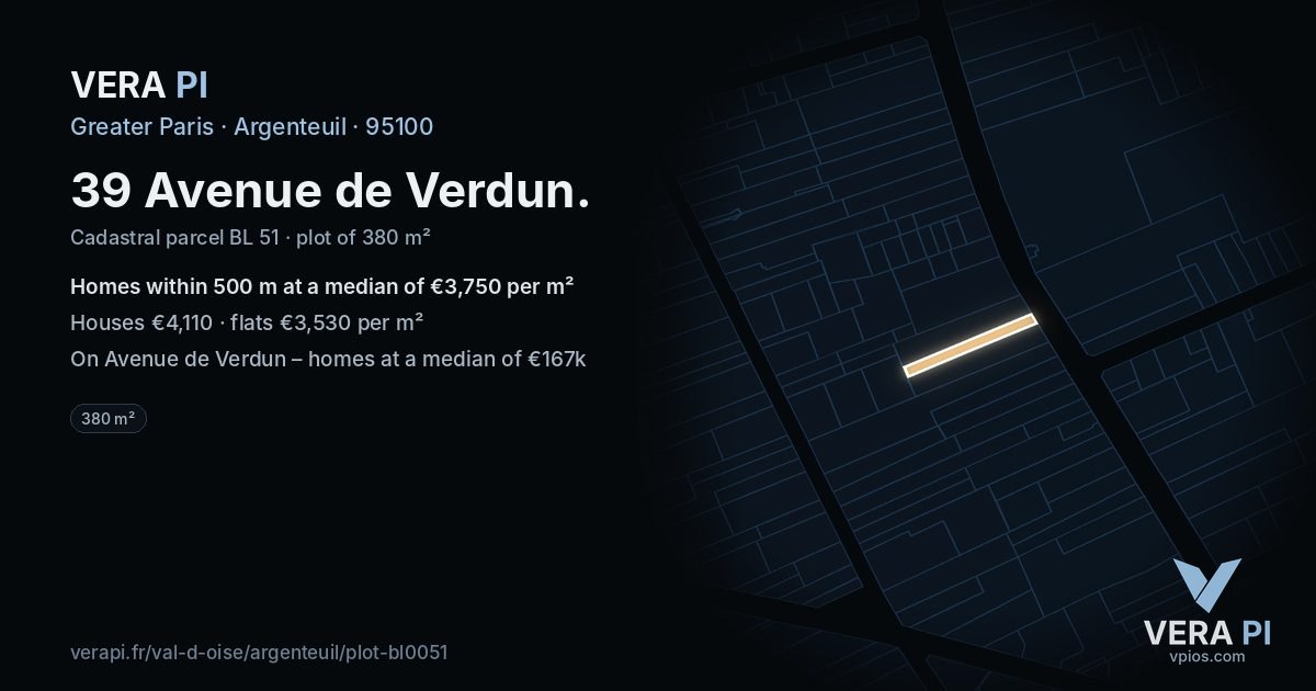 39 Avenue de Verdun, Argenteuil at night – the plot lit, the parcels around coloured by the prices near them