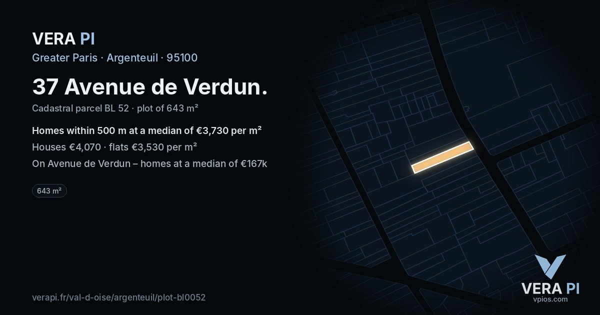 37 Avenue de Verdun, Argenteuil at night – the plot lit, the parcels around coloured by the prices near them