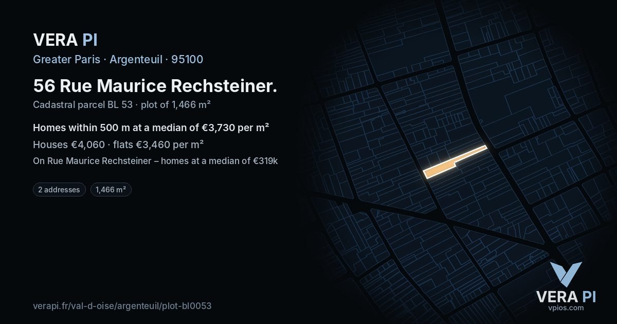 56 Rue Maurice Rechsteiner, Argenteuil at night – the plot lit, the parcels around coloured by the prices near them