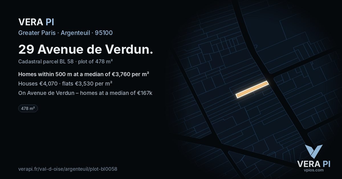 29 Avenue de Verdun, Argenteuil at night – the plot lit, the parcels around coloured by the prices near them