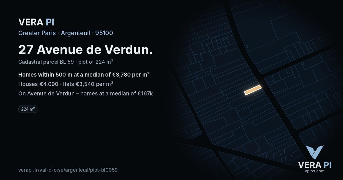 27 Avenue de Verdun, Argenteuil at night – the plot lit, the parcels around coloured by the prices near them