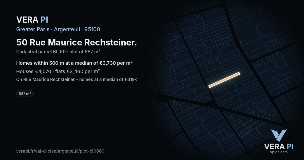 50 Rue Maurice Rechsteiner, Argenteuil at night – the plot lit, the parcels around coloured by the prices near them