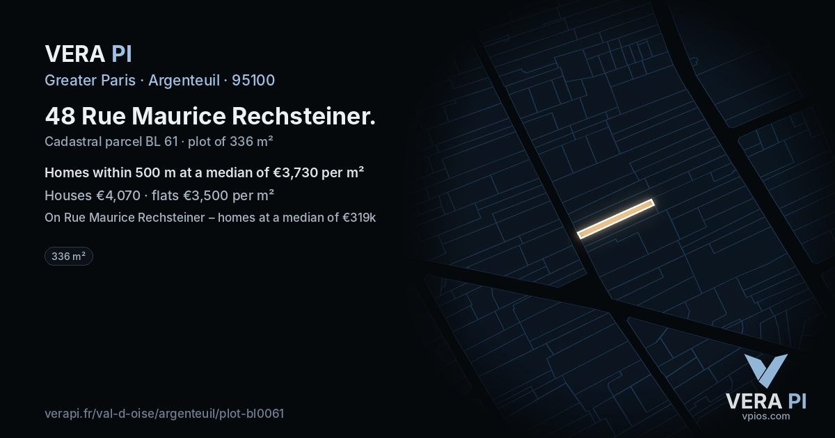 48 Rue Maurice Rechsteiner, Argenteuil at night – the plot lit, the parcels around coloured by the prices near them