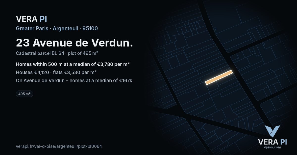 23 Avenue de Verdun, Argenteuil at night – the plot lit, the parcels around coloured by the prices near them