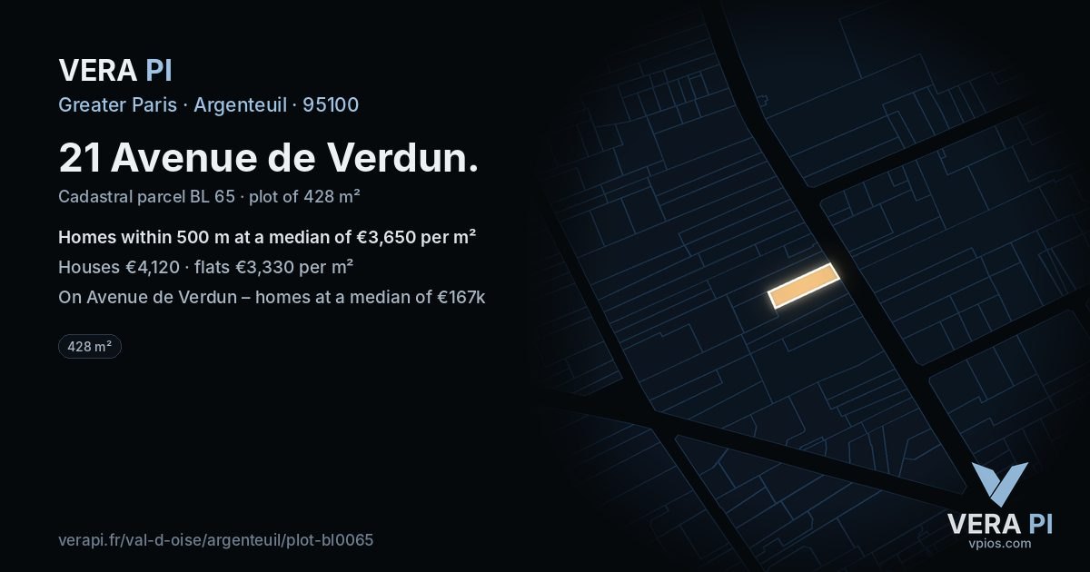 21 Avenue de Verdun, Argenteuil at night – the plot lit, the parcels around coloured by the prices near them