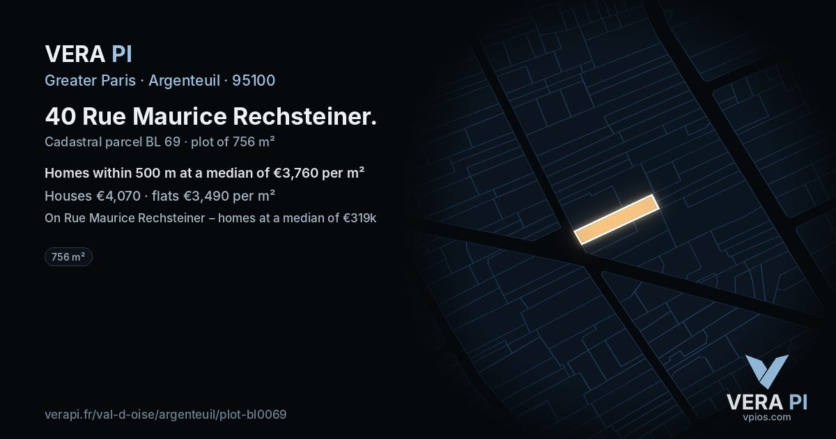 40 Rue Maurice Rechsteiner, Argenteuil at night – the plot lit, the parcels around coloured by the prices near them