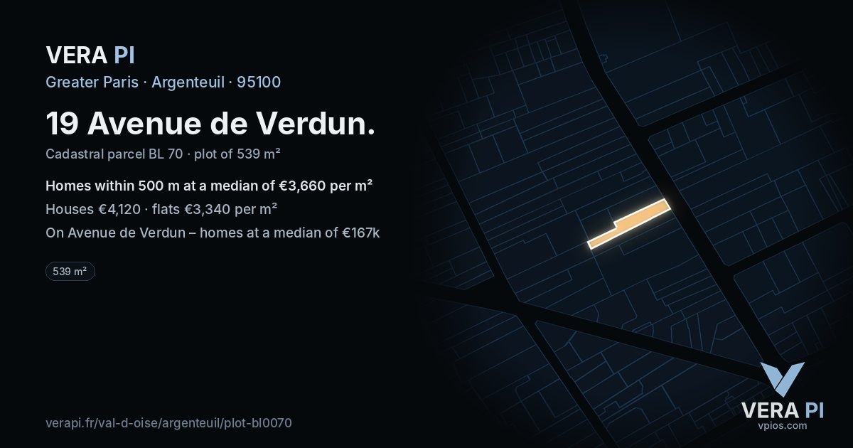 19 Avenue de Verdun, Argenteuil at night – the plot lit, the parcels around coloured by the prices near them