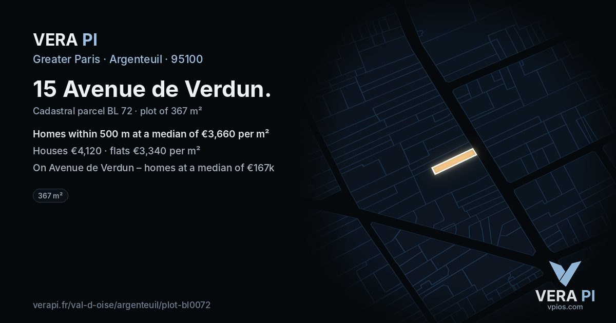 15 Avenue de Verdun, Argenteuil at night – the plot lit, the parcels around coloured by the prices near them