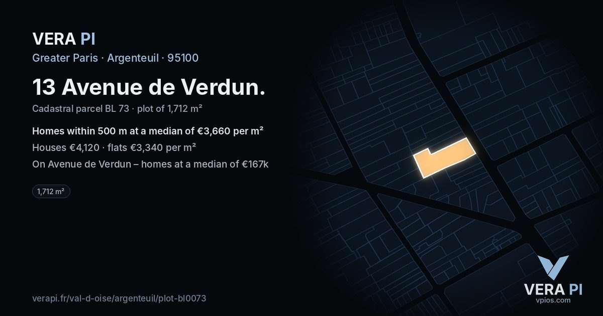 13 Avenue de Verdun, Argenteuil at night – the plot lit, the parcels around coloured by the prices near them