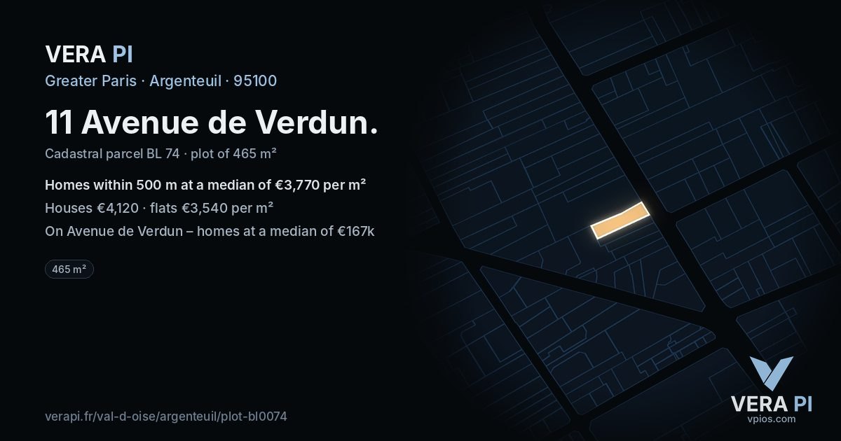 11 Avenue de Verdun, Argenteuil at night – the plot lit, the parcels around coloured by the prices near them
