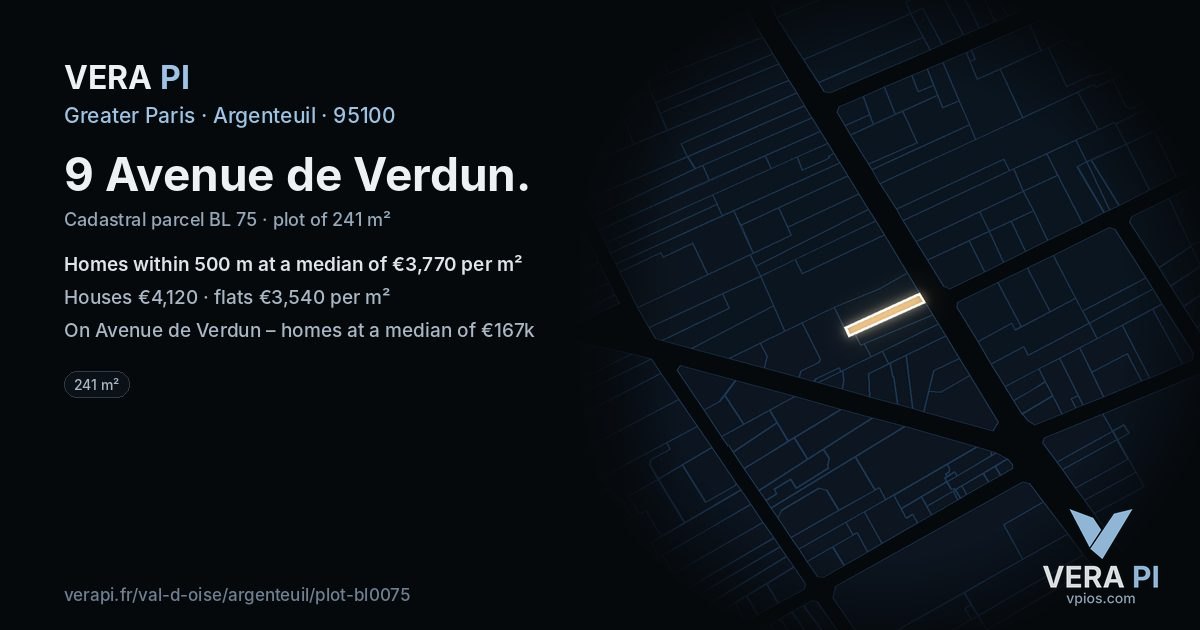 9 Avenue de Verdun, Argenteuil at night – the plot lit, the parcels around coloured by the prices near them