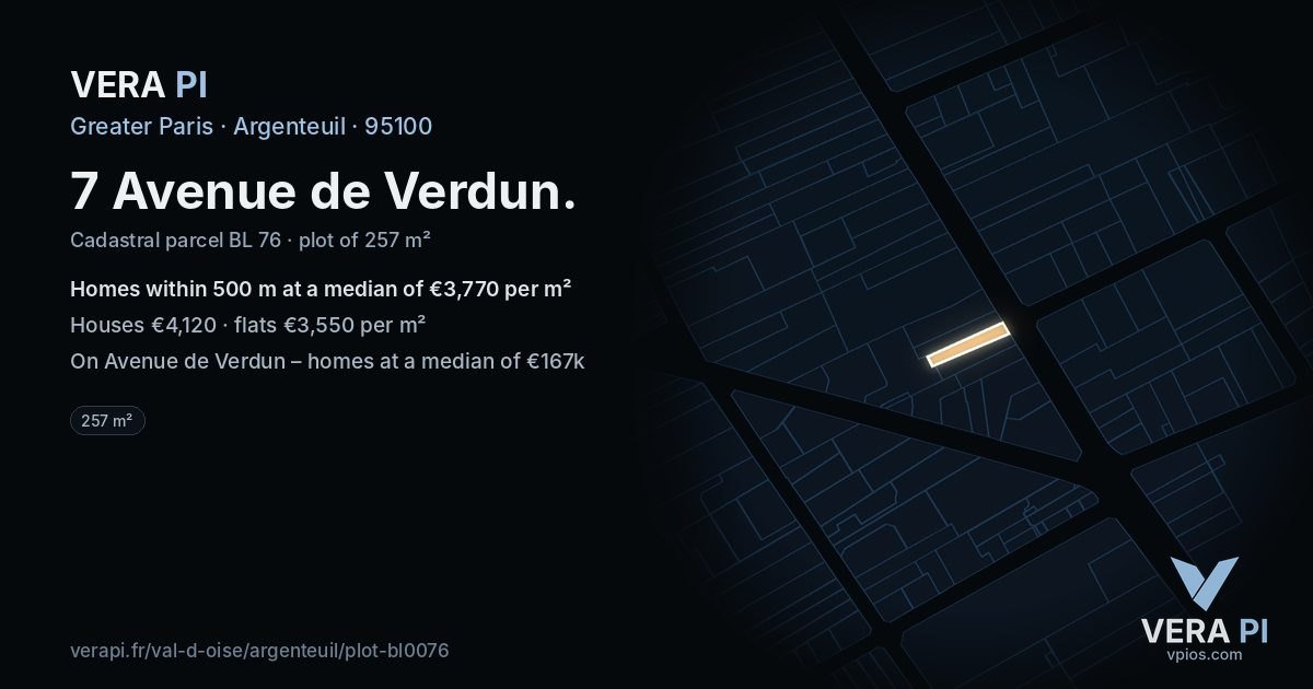 7 Avenue de Verdun, Argenteuil at night – the plot lit, the parcels around coloured by the prices near them
