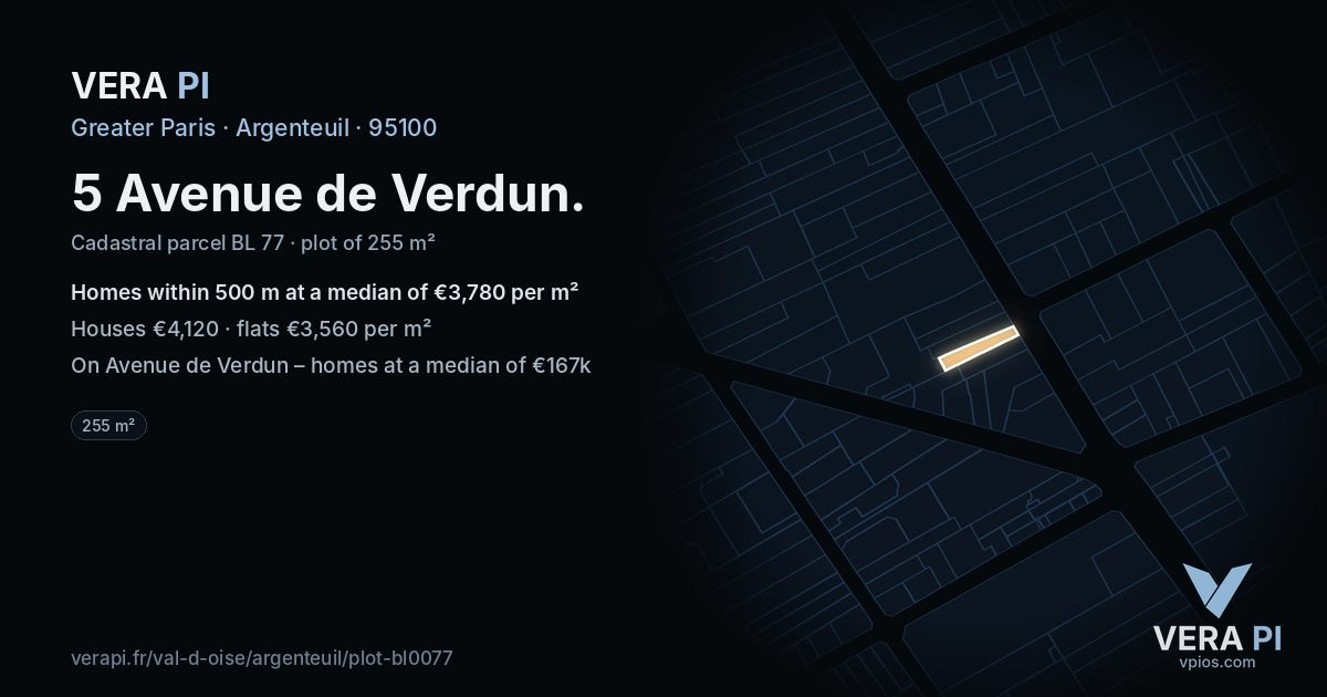 5 Avenue de Verdun, Argenteuil at night – the plot lit, the parcels around coloured by the prices near them