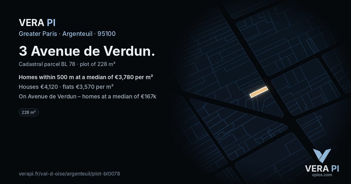 3 Avenue de Verdun, Argenteuil at night – the plot lit, the parcels around coloured by the prices near them