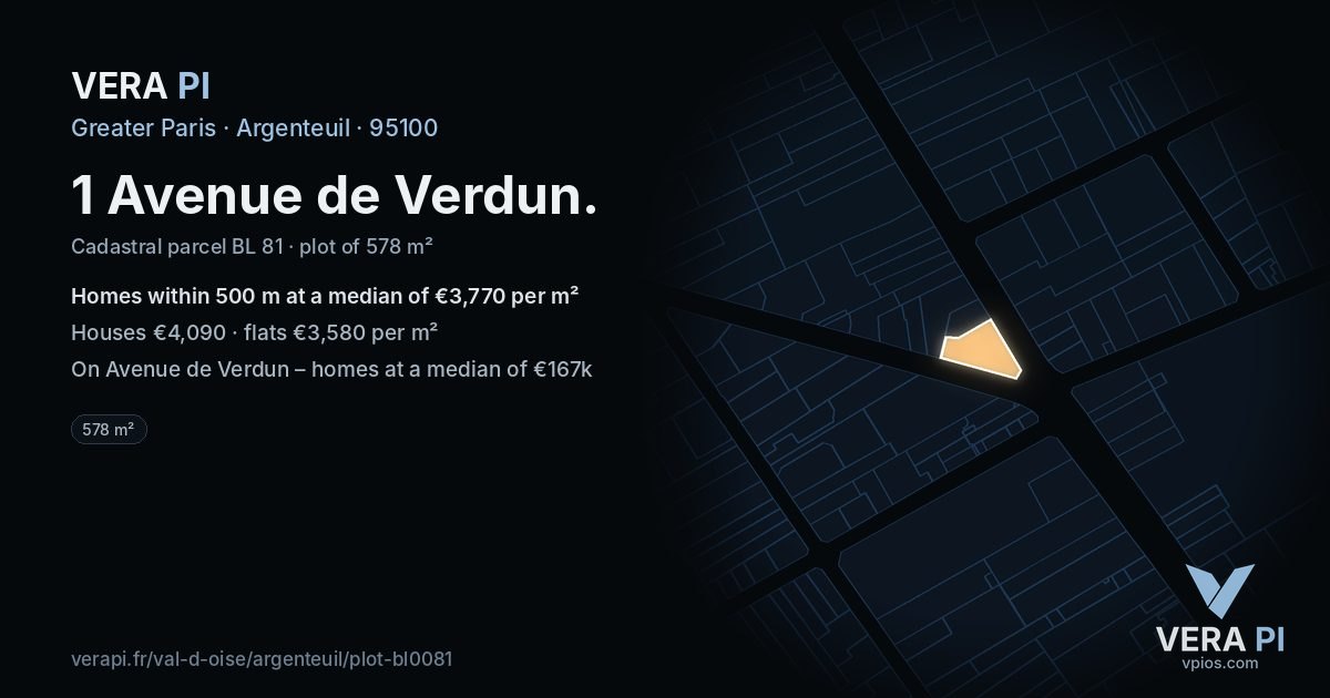 1 Avenue de Verdun, Argenteuil at night – the plot lit, the parcels around coloured by the prices near them