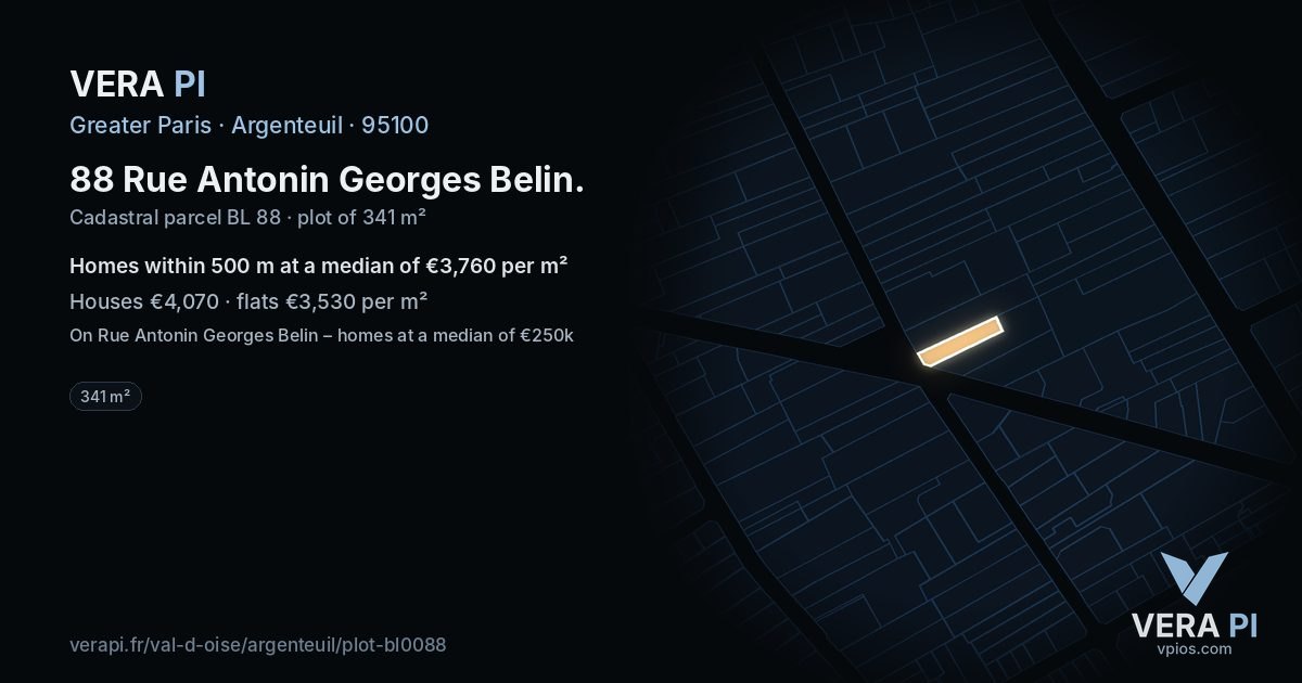 88 Rue Antonin Georges Belin, Argenteuil at night – the plot lit, the parcels around coloured by the prices near them