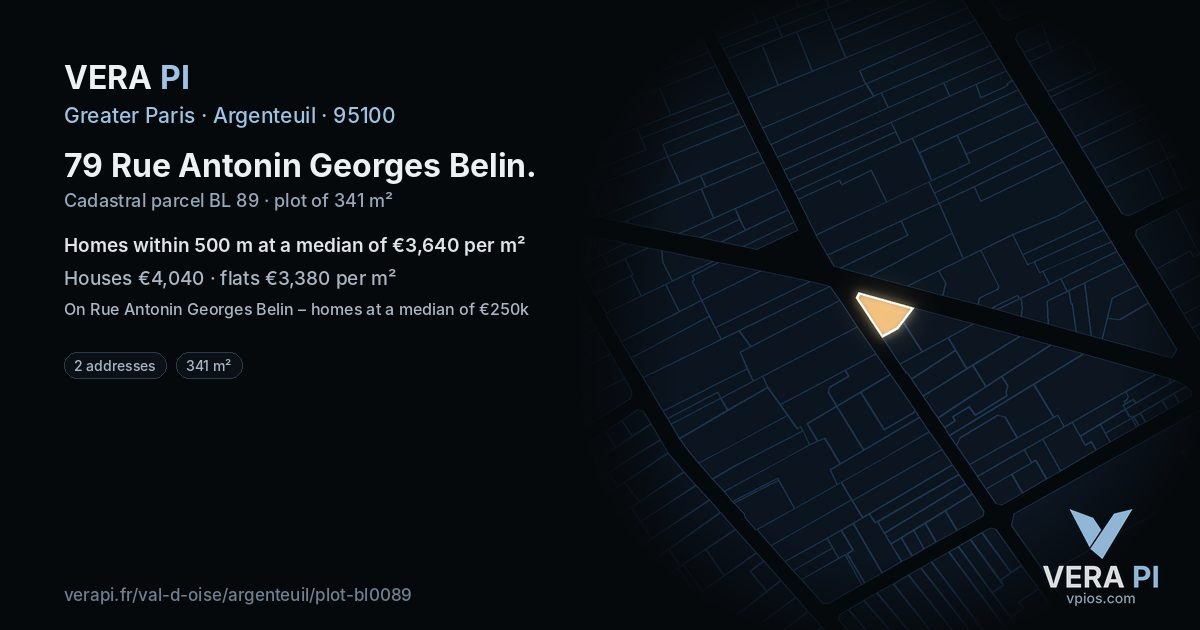 79 Rue Antonin Georges Belin, Argenteuil at night – the plot lit, the parcels around coloured by the prices near them