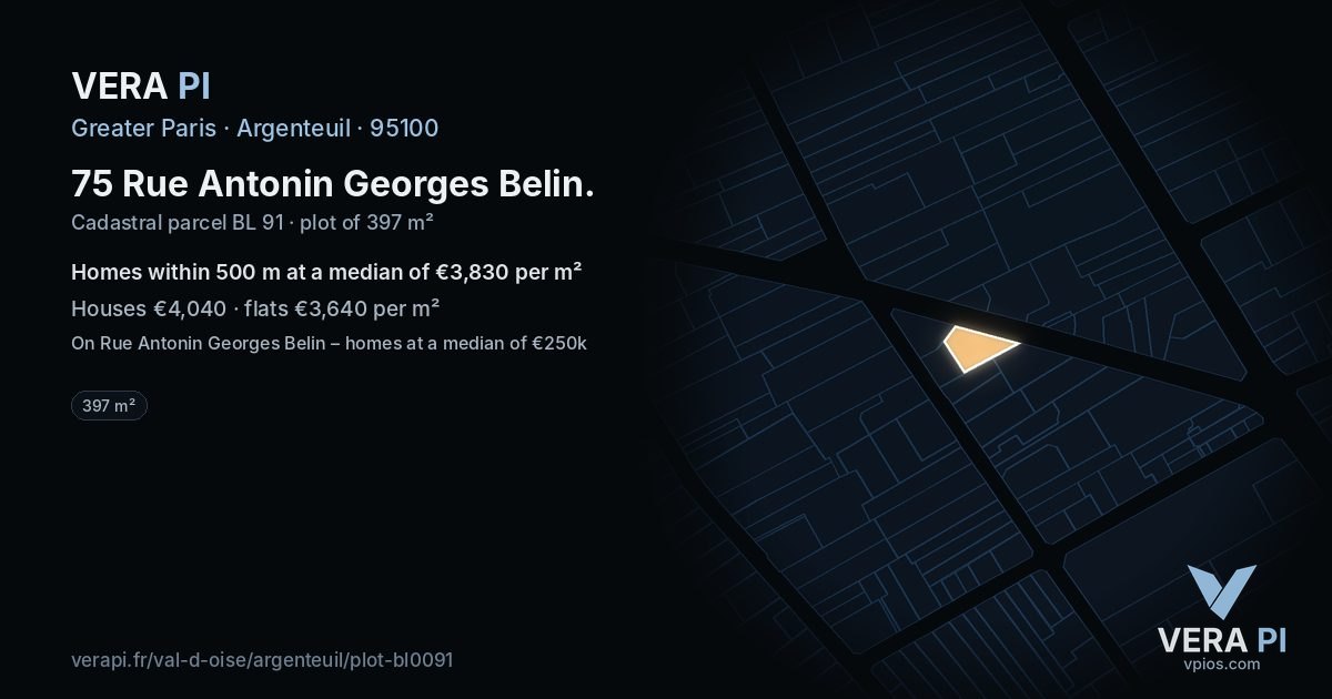 75 Rue Antonin Georges Belin, Argenteuil at night – the plot lit, the parcels around coloured by the prices near them