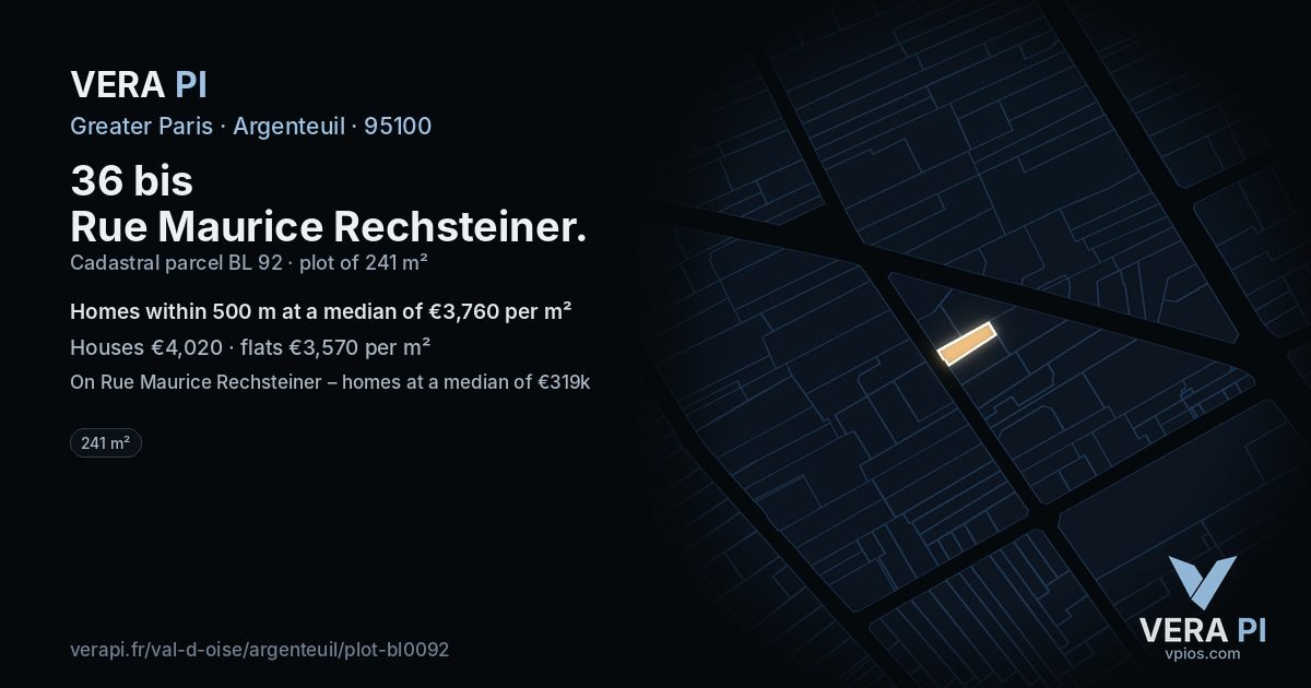 36 bis Rue Maurice Rechsteiner, Argenteuil at night – the plot lit, the parcels around coloured by the prices near them
