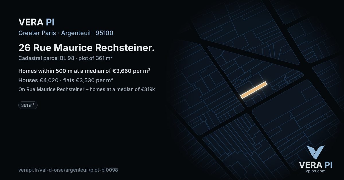 26 Rue Maurice Rechsteiner, Argenteuil at night – the plot lit, the parcels around coloured by the prices near them