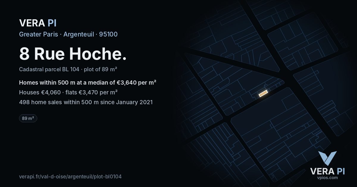 8 Rue Hoche, Argenteuil at night – the plot lit, the parcels around coloured by the prices near them