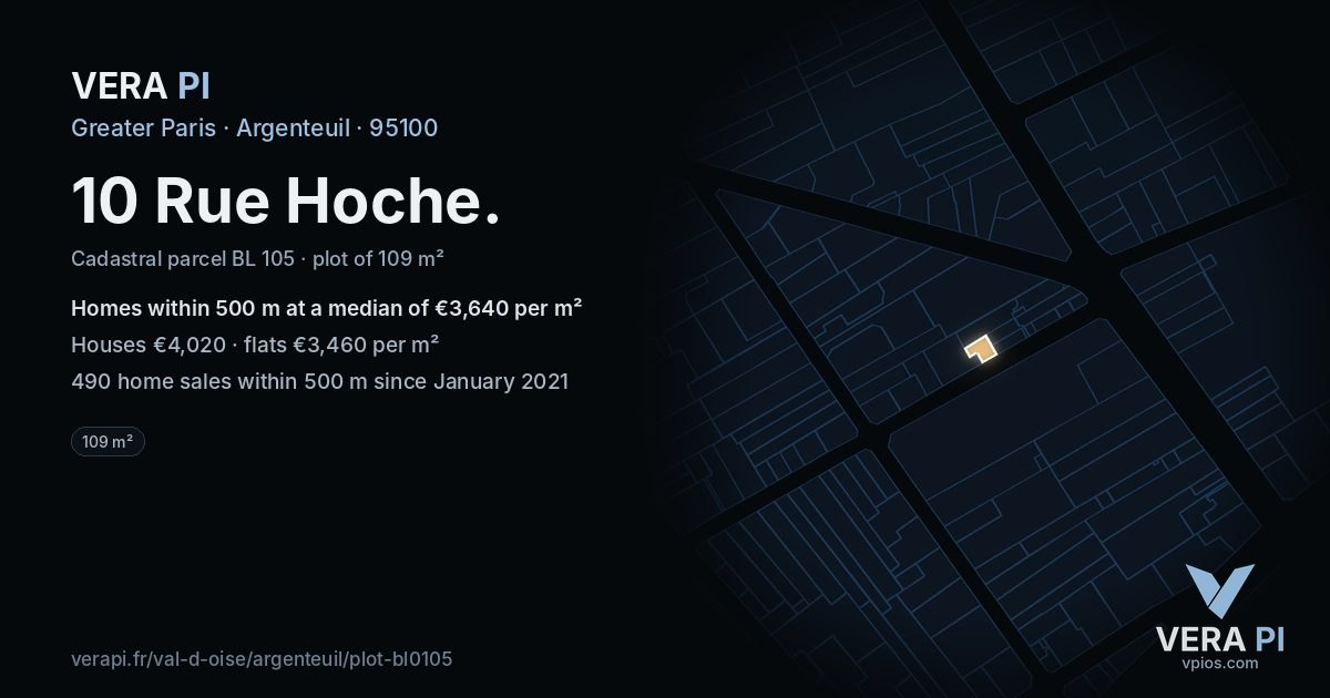 10 Rue Hoche, Argenteuil at night – the plot lit, the parcels around coloured by the prices near them
