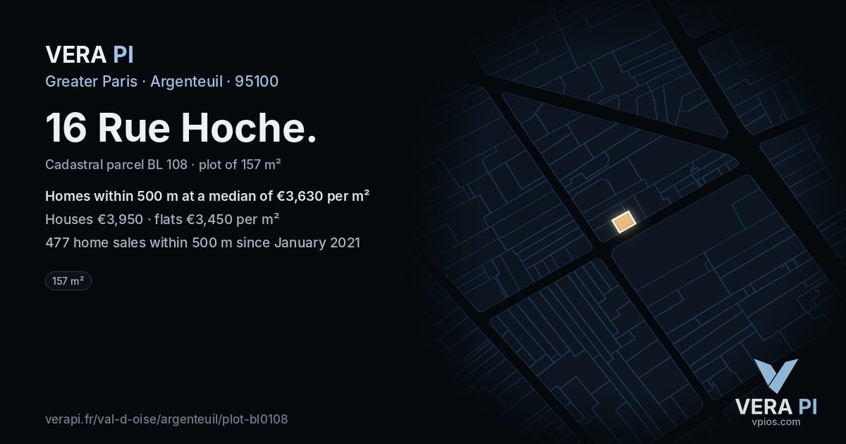 16 Rue Hoche, Argenteuil at night – the plot lit, the parcels around coloured by the prices near them
