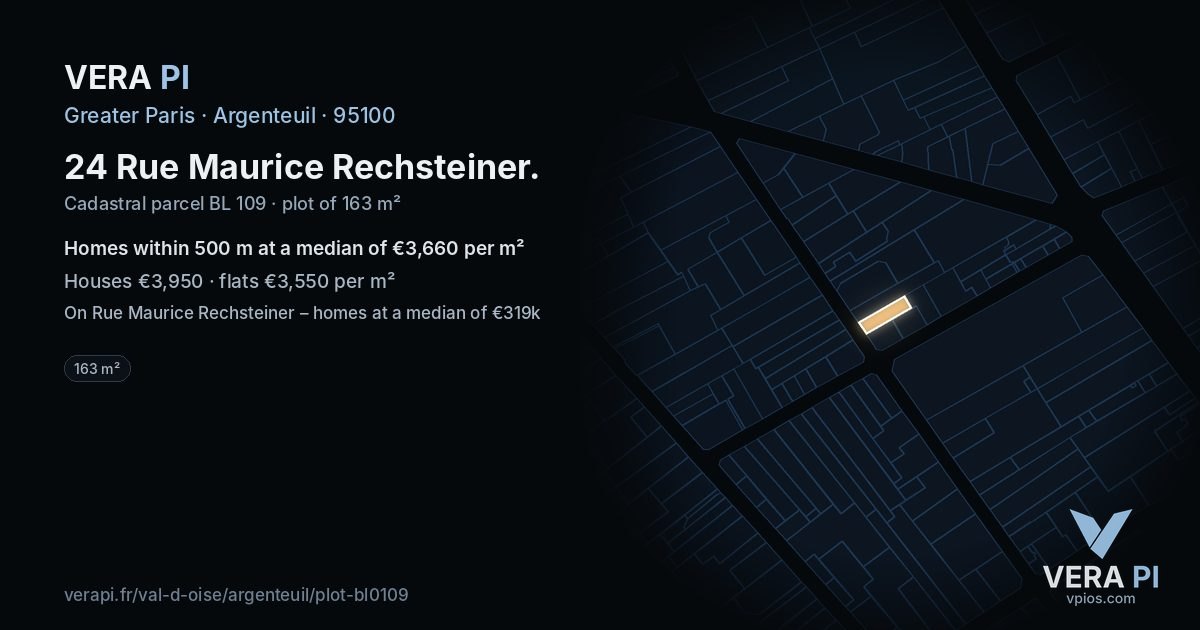 24 Rue Maurice Rechsteiner, Argenteuil at night – the plot lit, the parcels around coloured by the prices near them