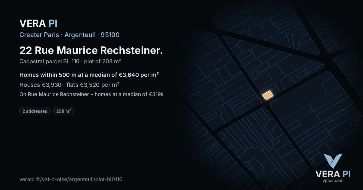 22 Rue Maurice Rechsteiner, Argenteuil at night – the plot lit, the parcels around coloured by the prices near them