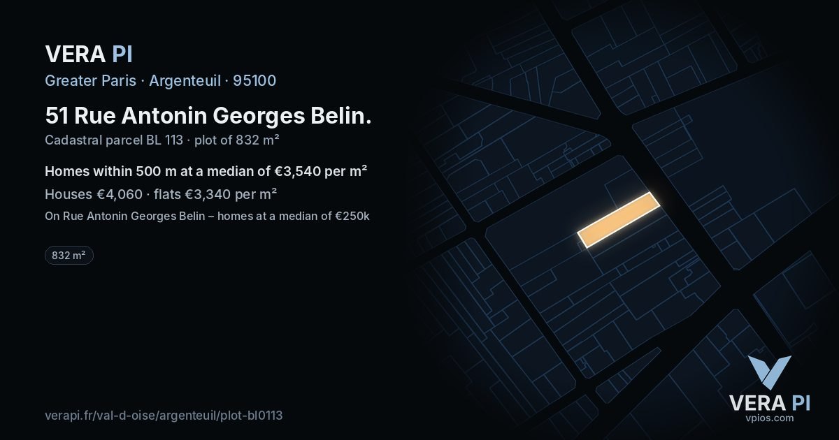 51 Rue Antonin Georges Belin, Argenteuil at night – the plot lit, the parcels around coloured by the prices near them