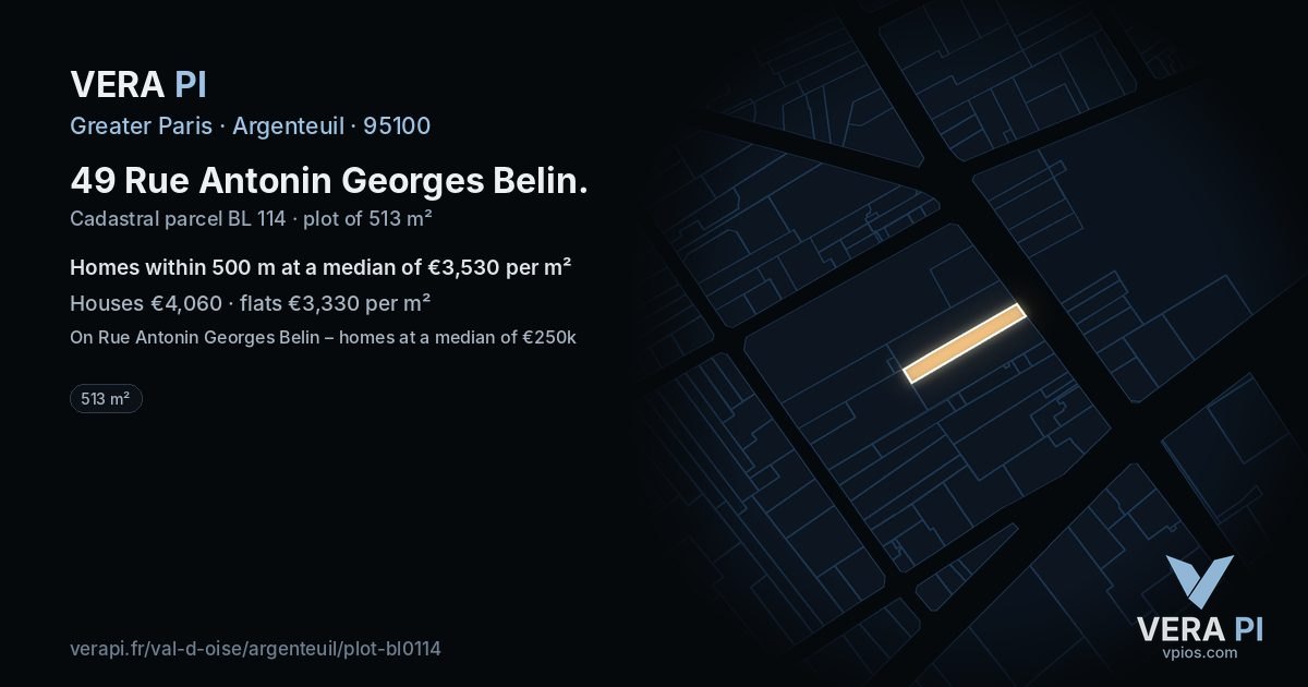 49 Rue Antonin Georges Belin, Argenteuil at night – the plot lit, the parcels around coloured by the prices near them