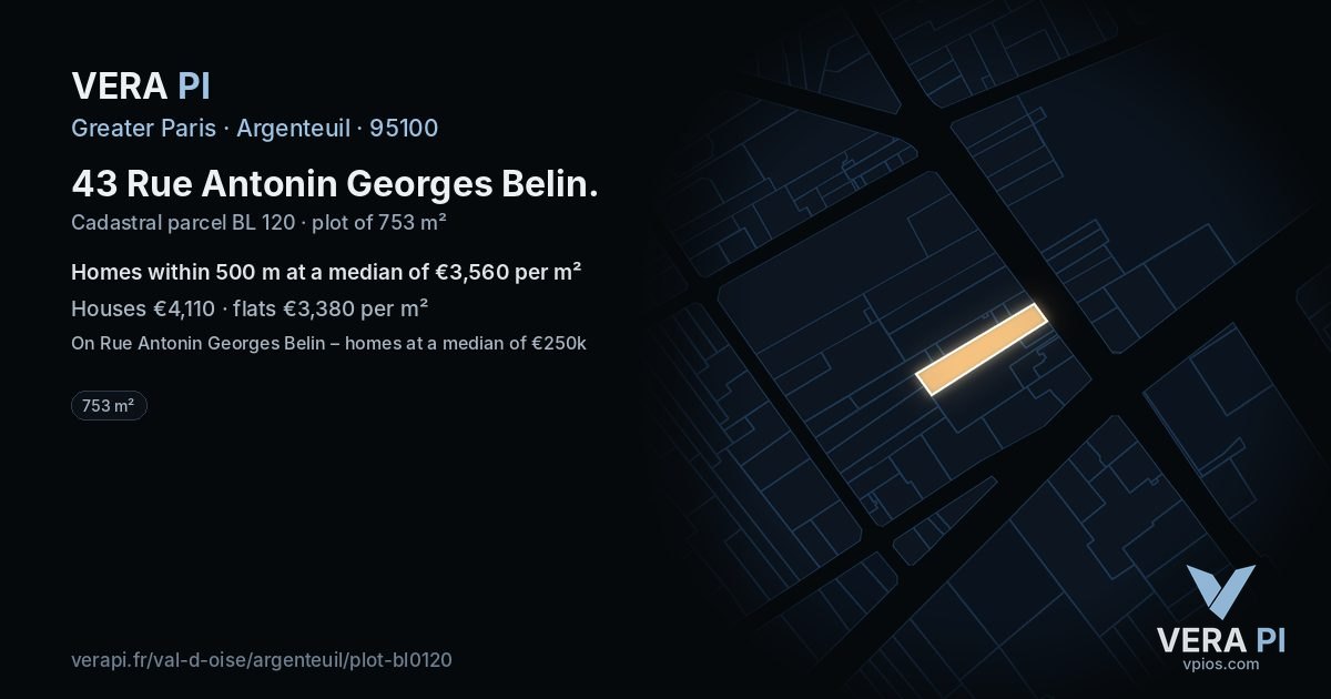 43 Rue Antonin Georges Belin, Argenteuil at night – the plot lit, the parcels around coloured by the prices near them