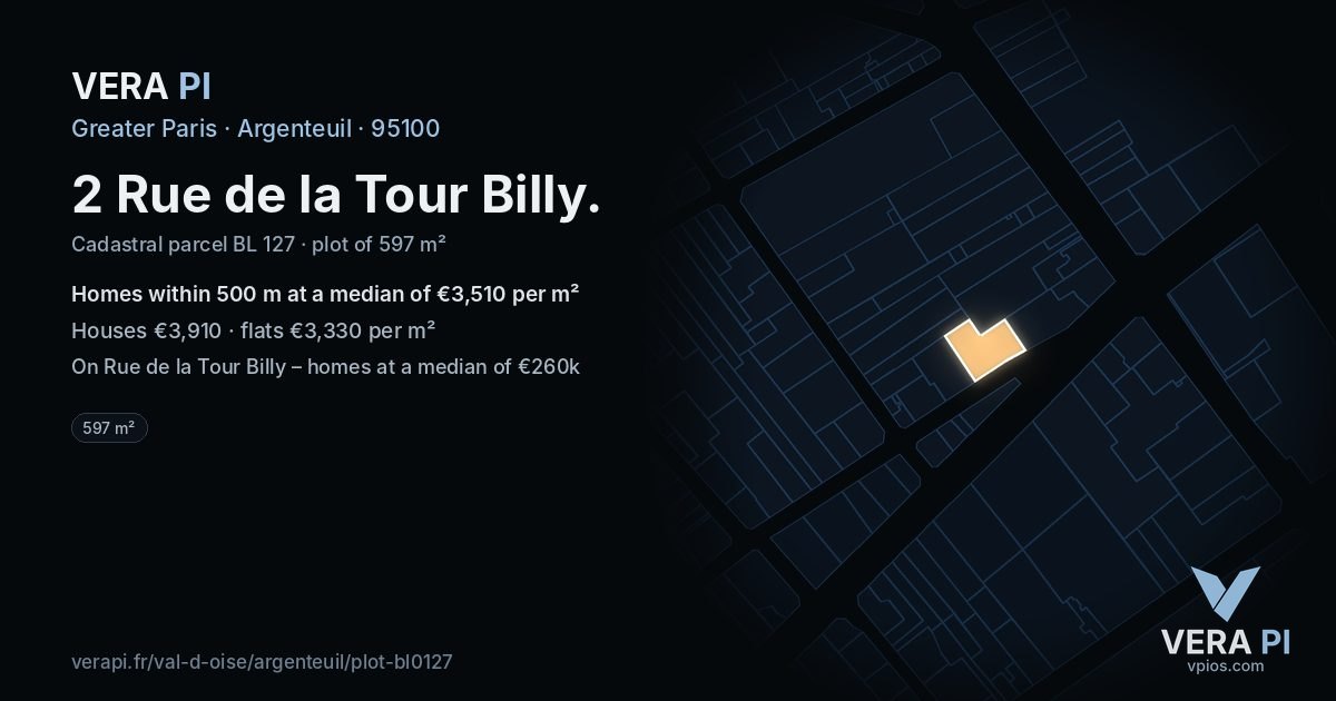 2 Rue de la Tour Billy, Argenteuil at night – the plot lit, the parcels around coloured by the prices near them