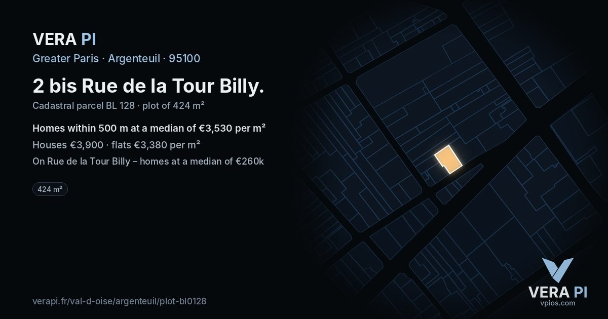 2 bis Rue de la Tour Billy, Argenteuil at night – the plot lit, the parcels around coloured by the prices near them