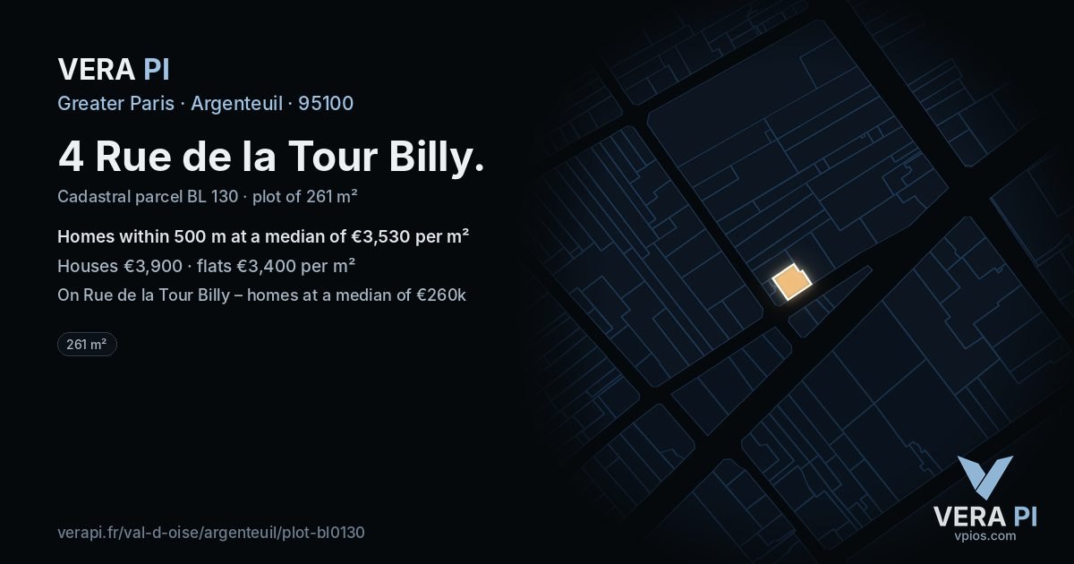 4 Rue de la Tour Billy, Argenteuil at night – the plot lit, the parcels around coloured by the prices near them