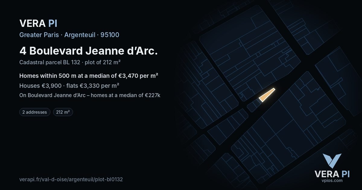 4 Boulevard Jeanne d’Arc, Argenteuil at night – the plot lit, the parcels around coloured by the prices near them